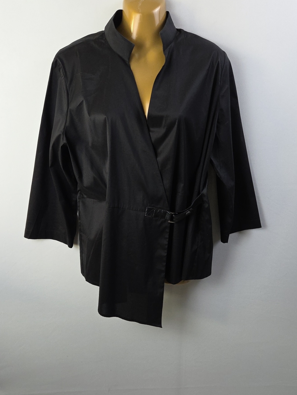 Misook Women's Asymmetrical Side Buckle Blouse Black Sz M Quiet Luxury